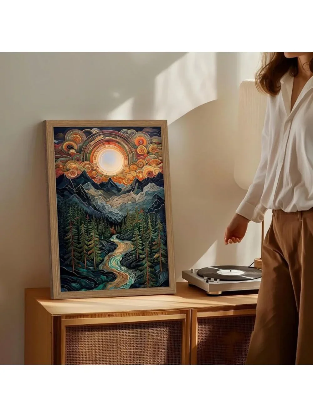 Psychedelic Mountain River Wall Art | Celestial Sun Forest Canvas Decor